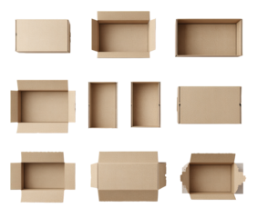 Various cardboard box openings, top-down view.  Different styles and configurations