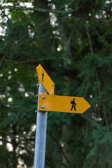 A pair of bright yellow hiking trail signs point in different directions, symbolizing a choice or a fork in the path.