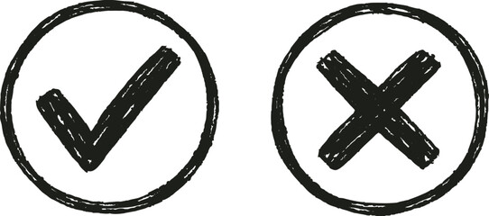 Check mark and cross vector icon with simple black line art illustration, isolated symbol set of tick and X for approval and rejection, minimal graphic design on white background