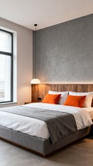 Modern bedroom interior with orange pillows