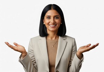 A friendly and confident Indian businesswoman with an open and welcoming gesture, smiling and looking directly at the camera.