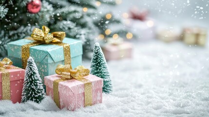 Christmas presents under a tree with snow and ornaments.