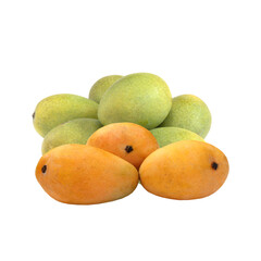 Fresh ripe mangoes and green mangoes pile