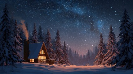 Fototapeta premium A cozy cabin with smoke rising from the chimney, surrounded by snow and pine trees, starry night sky with copy space.