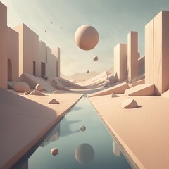 3d of a desert landscape with lot objects, geometric background, digital art, illustration