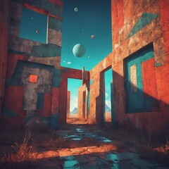 futuristic background with a concrete wall