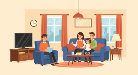 Fototapeta premium Happy cartoon family relaxing together in a cozy living room. Vector Illustrations. EPS Editable