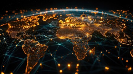 A glowing, illuminated world map with glowing continents and cities, set against a dark, starry background.