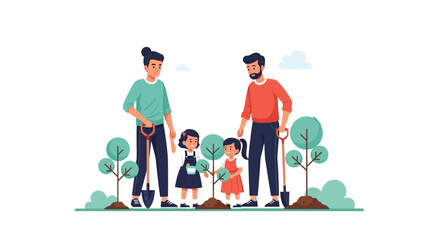 Naklejka premium Happy family with two dads and daughters planting trees for reforestation. Vector Illustrations. EPS Editable