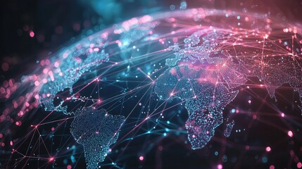 A digital representation of a world map with glowing lines connecting various points, set against a dark background.