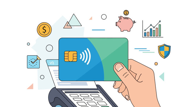 Hand making a secure contactless payment with a credit card at a POS terminal. Vector Illustrations. EPS Editable