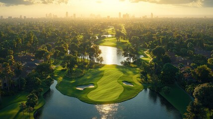 Aerial view of a golf course, winding through lush greenery, with a tranquil lake and residential cityscape on the horizon, bathed in golden sunlight