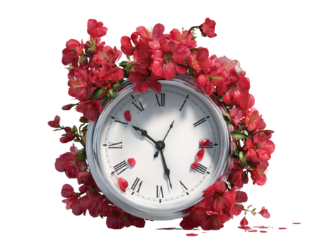  Elegant clock decorated with Welsh red blossom flowers isolated PNG
