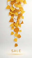 Falling yellow and white autumn leaves on a light gray background, creating a seasonal sale banner design with ample free space for text
