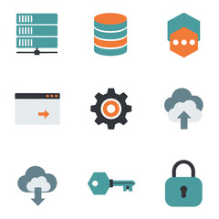 Collection of various icons representing technology, data storage, and security elements, with a focus on digital concepts.