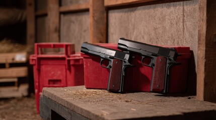 Close-Up of Multiple Identical Sidearms Stacked on a Red Box in a Barn Setting