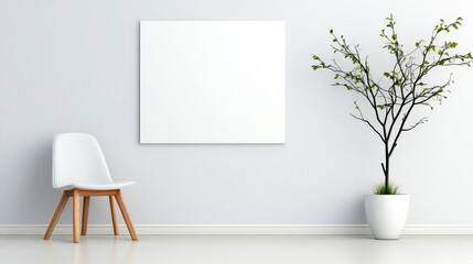 A Modern Minimalist Interior Design Featuring a Blank Canvas, Elegant Chair, and a Stylish Potted Plant, Perfectly Complementing the Neutral Color Scheme