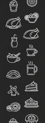 Vertical pattern of white line food icons on black background: chicken, cake, soup, drink, dessert, etc.  Illustrative style, perfect for menu design or culinary theme