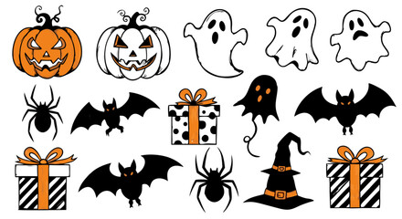 A vector icon pack of classic Halloween symbols. This cute and spooky set includes a witch hat, ghosts, pumpkins, bats, spiders, and gift boxes. Isolated design elements for holiday graphics.