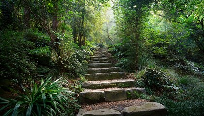 Obraz premium Forest Pathway With Stone Steps And Lush Green Vegetation