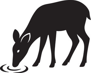 Deer drinking water silhouette, peaceful forest animal vector, nature and wildlife illustration.