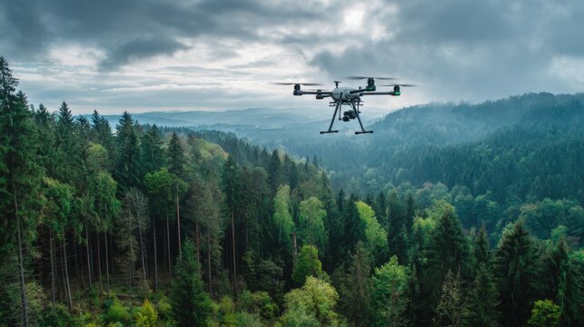 A drone hovers above a vibrant green forest surrounded by rolling hills and mountains under a cloudy sky. The scene captures the tranquility of nature with shades of green.