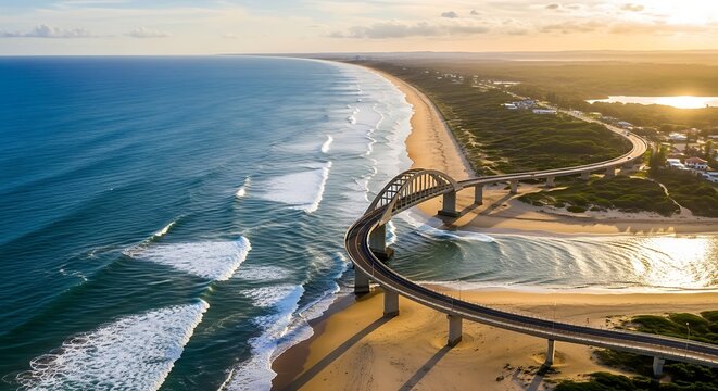 Stunning aerial view of a coastal highway bridge over the ocean at sunrise. - Powered by Adobe