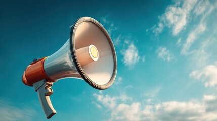 A large megaphone is prominently displayed against a bright blue sky filled with clouds. It symbolizes communication and energy at an outdoor event.