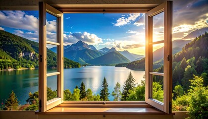 Panoramic mountain lake view through open windows © Kang