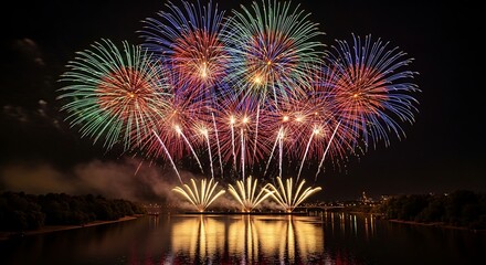 Spectacular Fireworks Display Over Water Reflecting Vibrant Colors.