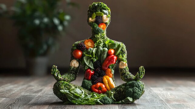 A meditating figure made of vegetables and fruits, symbolizing a healthy lifestyle.