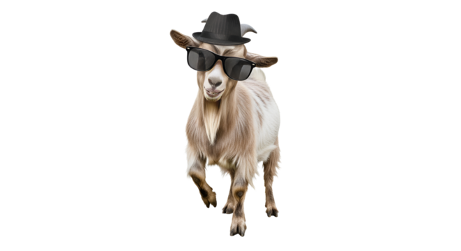 Goat wearing sunglasses and a hat running forward isolated PNG with Transparent Background