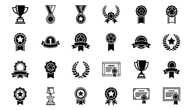 Artboard 1Set of 20 Awards Silhouette Icons, Black Trophy, Medal, and Ribbon Symbols for Achievement, Recognition, Competition, and Celebration, Minimalist Vector Pack