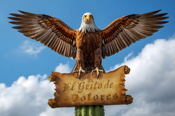 Majestic Eagle on Cactus with 'El Grito de Dolores' Banner