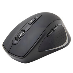 A sleek black wireless computer mouse isolated on transparent background, perfect for office or home use with ergonomic design