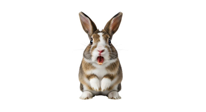 Shocked brown and white rabbit with an open mouth isolated PNG with Transparent Background