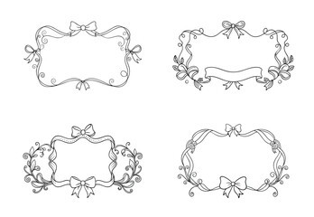 Elegant Floral Frame Designs with Ribbons and Swirls, Black and White