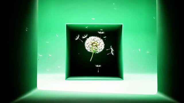 Abstract Green Cube with Dandelion Seed Dispersal and Light Effects in Studio