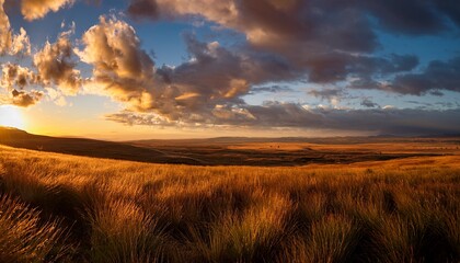 Obraz premium Expansive Grassland Scenery Beneath A Stunning Cloudscape During Golden Hour