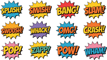 Comic sound effect text bubble collection with words splash smash bang slam swoosh whack crash pop zap pow, cad drawing flat vector illustration