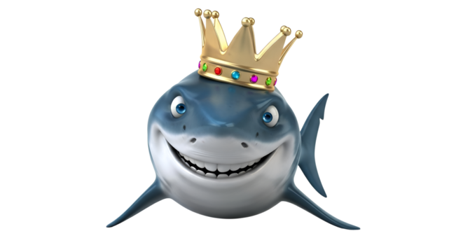 Cartoon shark wearing a golden crown isolated PNG with Transparent Background