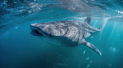 Fototapeta premium A majestic shark glides effortlessly through crystal-clear ocean water, surrounded by smaller fish, showcasing its powerful presence and natural grace under sunlight.