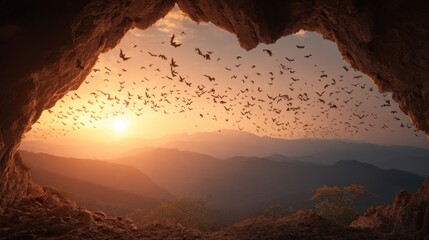 A breathtaking sunset illuminates mountains while thousands of bats take flight from a cave. The sky displays warm hues, creating a magical atmosphere in nature.