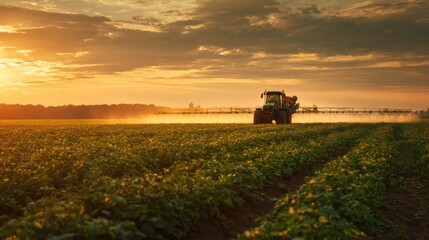 A tractor applies pesticide to crops in a rural field as the sun sets, illuminating the skies with warm colors and enhancing the farming landscape.
