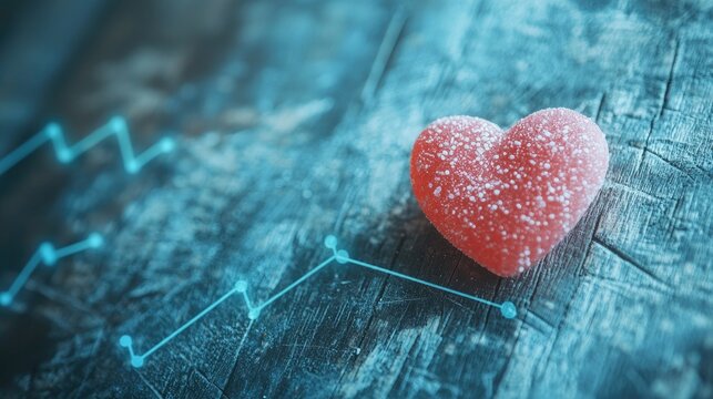 A red heart-shaped candy on a wooden surface with a graph in the background.