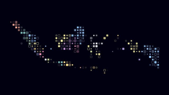 Indonesia map animation. Shape of the country with pulsating colored dots. Small size rounded square blocks. Digital style Indonesia map on dark background. Artistic video.