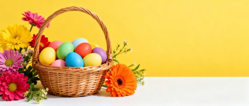 Easter basket with colorful eggs and flowers - Powered by Adobe