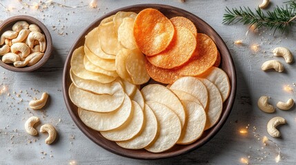 Naklejka premium Assorted thin crisps/chips in a round, dark-brown bowl, arranged in concentric circles. Cashews and sesame seeds are visible. Festive lights and pine branches are in the background