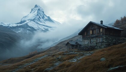 A rustic wooden cabin with stone foundation sits on a hillside overlooking a tall, snow capped mountain peak under a cloudy sky.