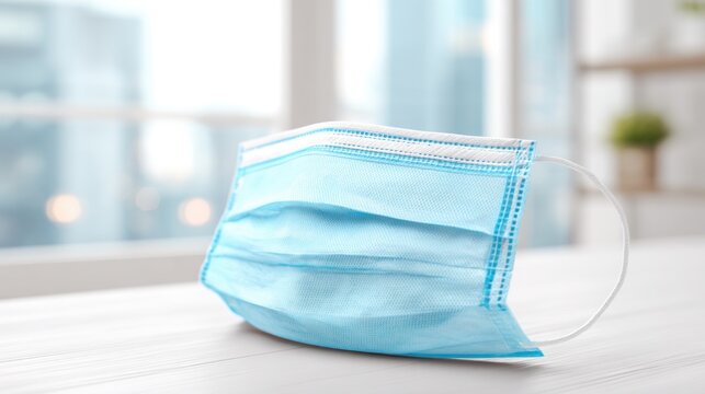 A protective face mask is placed on a wooden table with a soft focus cityscape visible in the background, indicating a modern urban environment during the day.